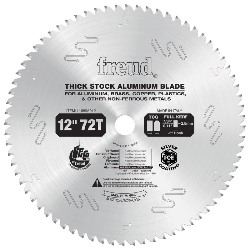 Freud Thick Stock Aluminum Metal Saw Blade with Tico Hi-Density Carbide Non-Ferrous Blend for Maximum Performance - 12" Diameter, 72 Teeth, TCG Grind - LU89M012 - Image 1